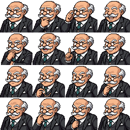 Sixteen pixel-art portraits of the Shiioo mascot in different moods